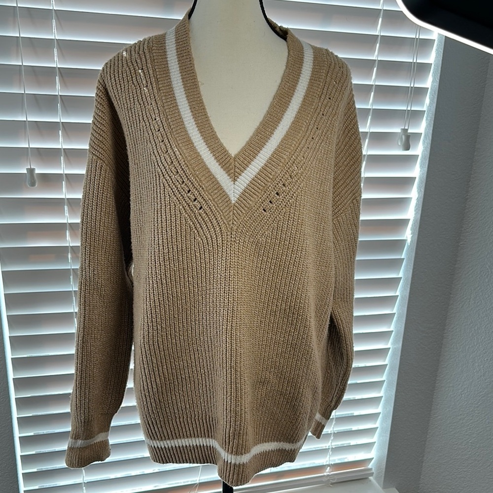 Tan V-Neck Sweater with Ribbed Knit Texture